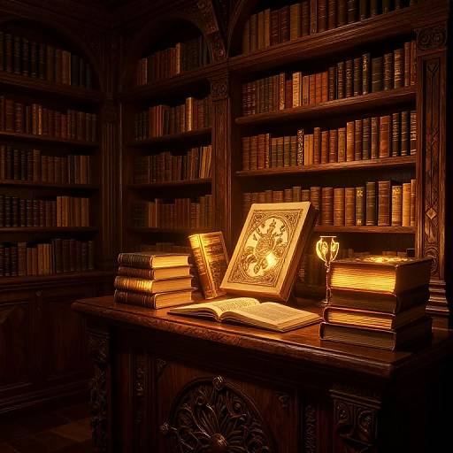 Photograph of a dimly lit, wooden library with bookshelves filled with leather-bound books. A table holds stacked books, an illuminated framed illustration