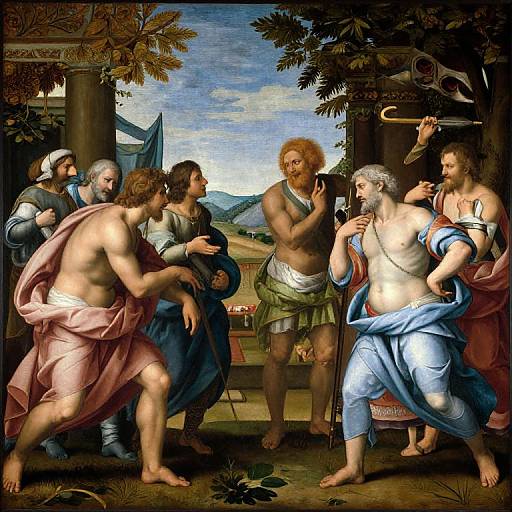 Renaissance painting of Jesus being crowned with thorns, featuring muscular, bearded men in robes, a mountainous background, and rich, detailed