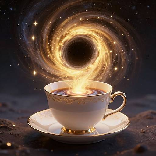 Photograph of a white porcelain teacup with gold trim, filled with water, emitting a swirling vortex of golden light against a starry night sky
