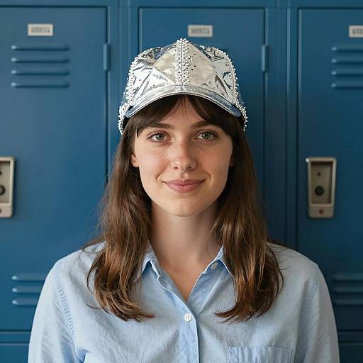 Smiling Woman in Blue Locker Room