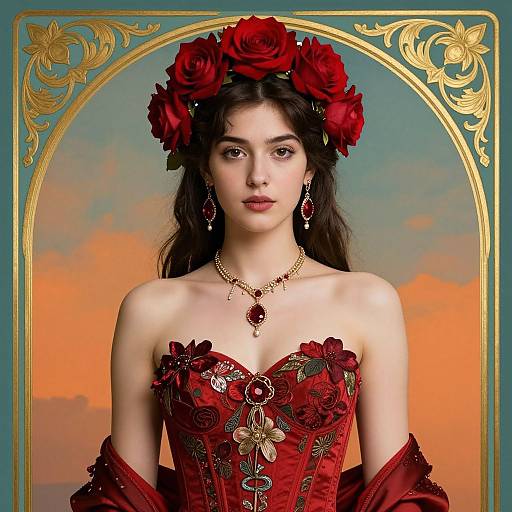 Digital painting of a fair-skinned woman with dark hair, wearing a red rose crown, red corset with floral embroidery, and red earrings, against