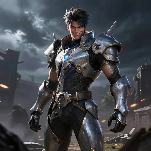 CGI image of a muscular, dark-haired, blue-eyed warrior in shiny, spiked silver armor with a glowing blue emblem, standing in a ruined,
