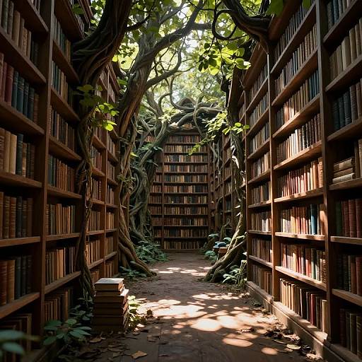 Photograph of a sunlit, enchanted library aisle with towering, vine-covered bookshelves, stacks of books on the floor, and dappled