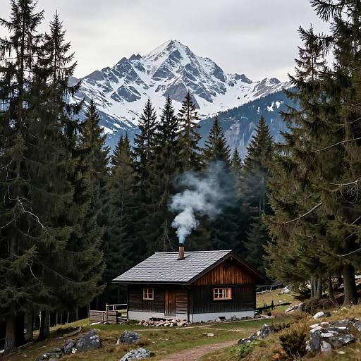 Photograph of a rustic wooden cabin with smoke rising, surrounded by evergreen trees, set against a backdrop of snow-capped mountains.