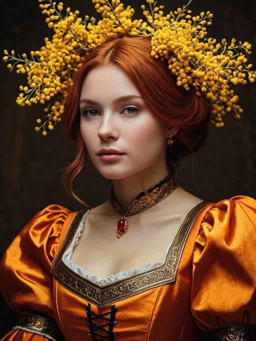 Woman in Mimosa Vermillion Costume with Yellow Flower Crown