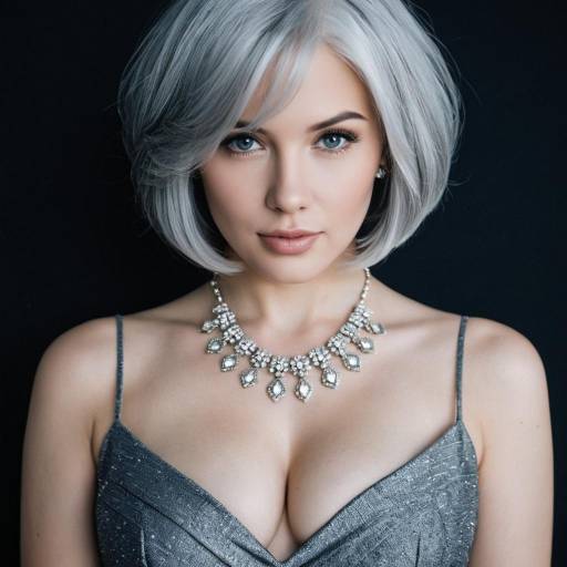 Elegant woman with gray bob wig and necklace