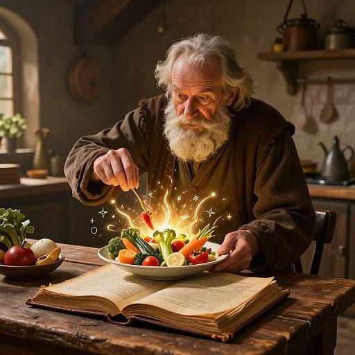 Photograph of an elderly bearded man with long white hair, wearing a brown robe, conjuring sparks over a colorful vegetable plate on a rustic wooden