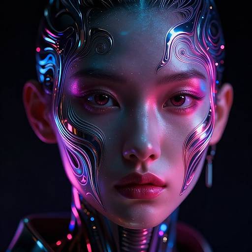 Photorealistic digital portrait of a woman with glowing neon patterns on her face, dark background, cyberpunk style, vibrant blue, pink, and purple