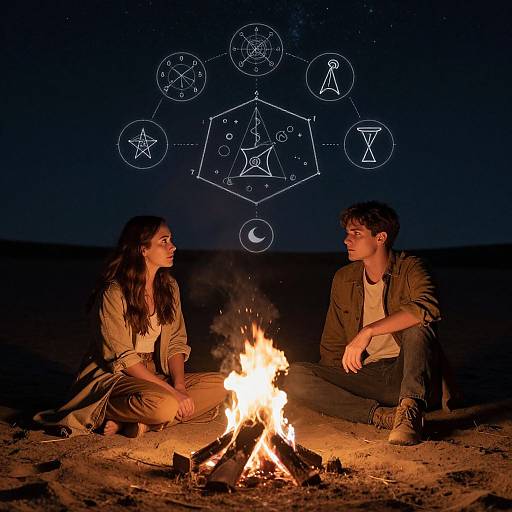 Photograph of a young couple sitting by a campfire at night, gazing at each other, with astrological symbols glowing in the dark sky above