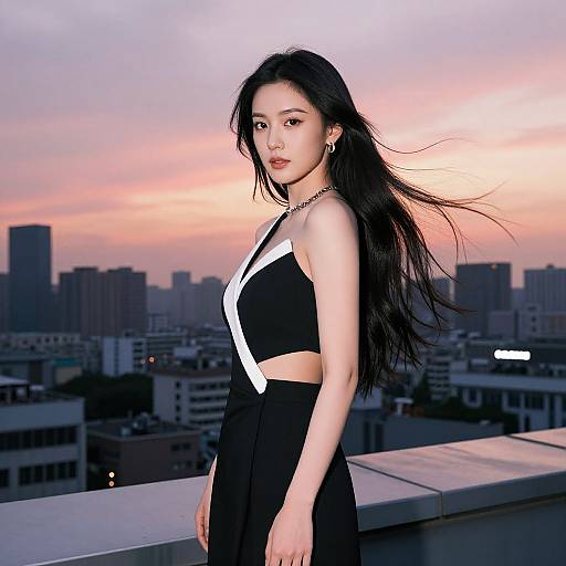 Photograph of an Asian woman with long black hair, wearing a black crop top with white stripes and black skirt, standing on a rooftop at sunset with