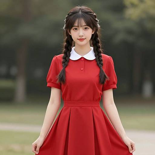 Girl with Braids in Red Dress