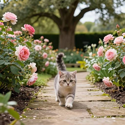 Photograph of a gray and white kitten walking down a stone path flanked by pink roses in a lush garden.