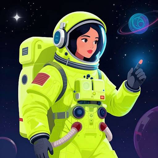 Digital illustration of an Asian woman in a bright yellow spacesuit, pointing at a glowing planet in a starry space background.