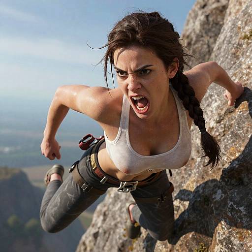 Digital artwork of a muscular, angry woman with long brown hair in a braid, wearing a white tank top and jeans, climbing a rocky cliff,