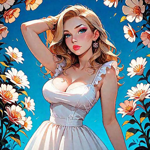 Blonde Woman in White Dress Among Flowers