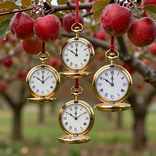 Photograph of four gold pocket watches with black numerals, hanging by red strings from a tree with ripe red apples.