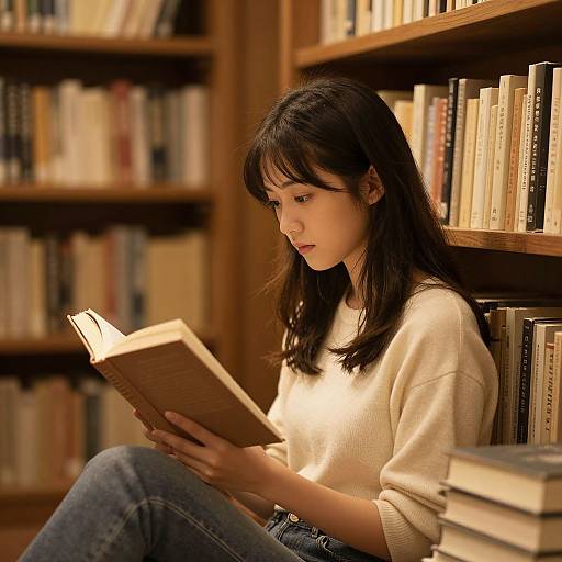 Photograph of an Asian woman with long black hair, wearing a cream sweater and blue jeans, reading a book in a wooden library. Bookshelves
