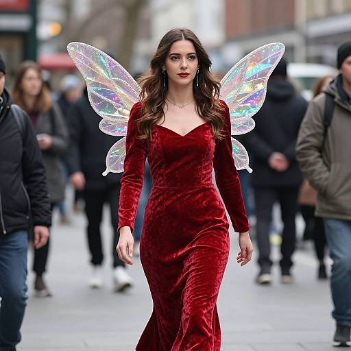 Photograph of a brunette woman in a red velvet dress with iridescent fairy wings, walking through a blurred city street with pedestrians.