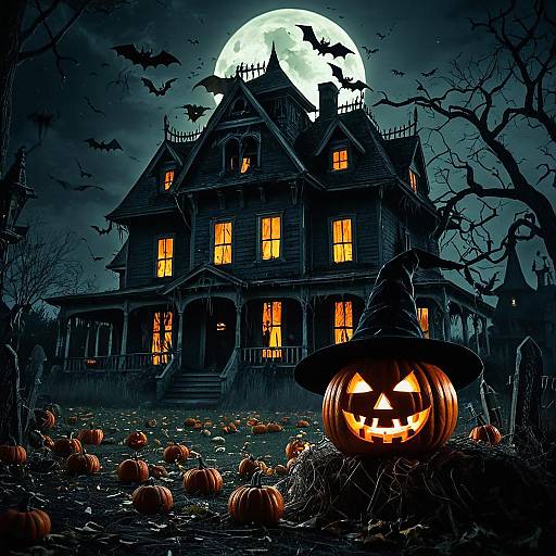 Spooky Halloween Haunted House with Witch Hat Jack-o'-Lantern