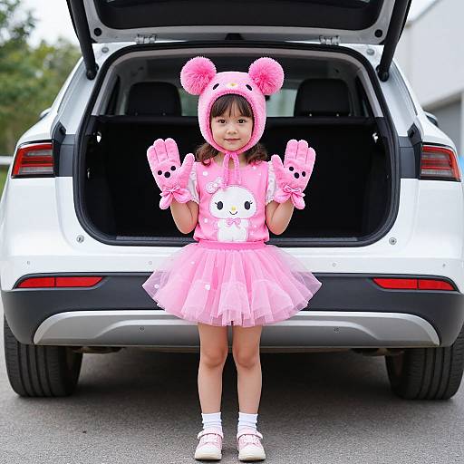 Photograph of a young Asian girl in a pink bear hoodie, gloves, and dress with a white bunny face, standing in front of an open SUV
