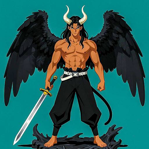 Muscular Male Demon with Black Wings and Sword