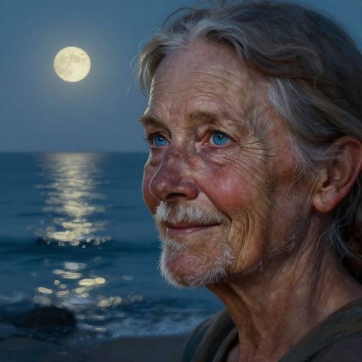 Photograph of an elderly man with gray hair and beard, blue eyes, smiling at a moonlit ocean, reflected light on water.