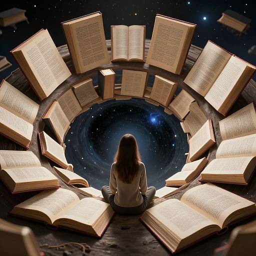 Digital artwork of a girl with long brown hair, seated in a circular arrangement of glowing open books, overlooking a starry galaxy.
