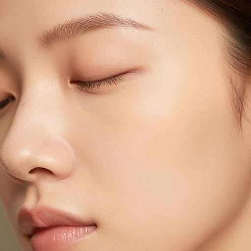 Close-up photograph of a young Asian woman with fair skin, closed eyes, and smooth complexion, her dark hair partially visible.