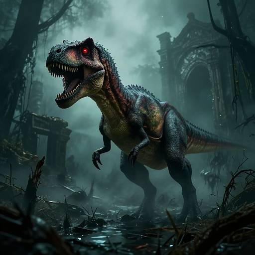 Digital artwork of a fierce, red-eyed, dinosaur with dark scales and sharp teeth in a misty, ruined, ancient forest, standing in a shallow