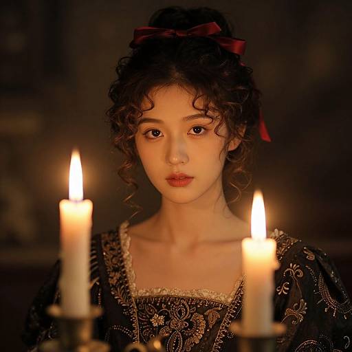 Photograph of a young woman with curly brown hair, wearing a black embroidered dress, surrounded by three lit candles, in a dimly lit, romantic