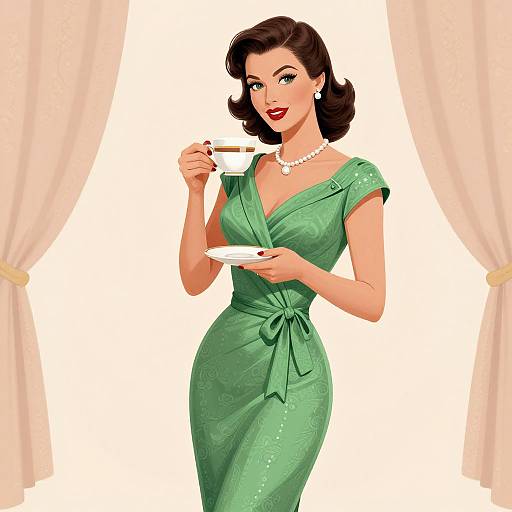 Vintage-style digital illustration of a smiling woman in a green, patterned dress, pearl necklace, holding a teacup and saucer, standing between