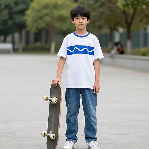 Photograph of a young Asian boy with black hair, wearing a white shirt with blue waves, blue jeans, and white sneakers, standing with a skateboard