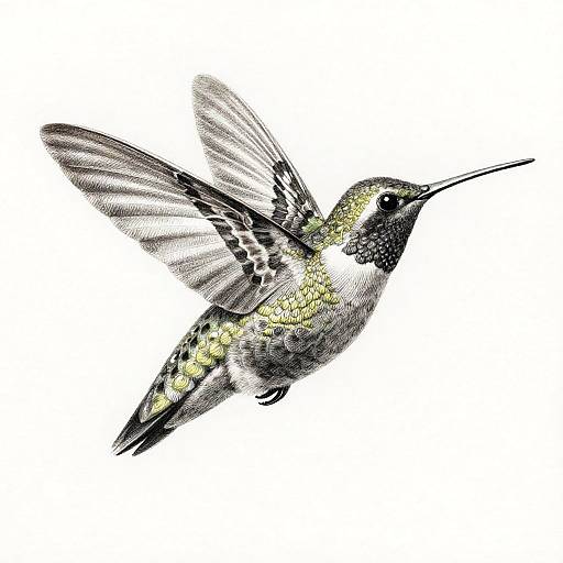 Detailed digital illustration of a hummingbird in mid-flight, displaying iridescent green and yellow feathers, black-tipped wings, and a long, pointed