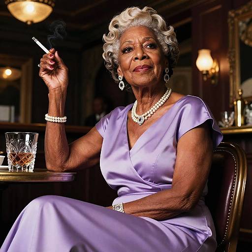 Photograph of an elderly white woman with curly white hair, wearing a lavender satin dress, pearl jewelry, and holding a cigarette, seated in a dim