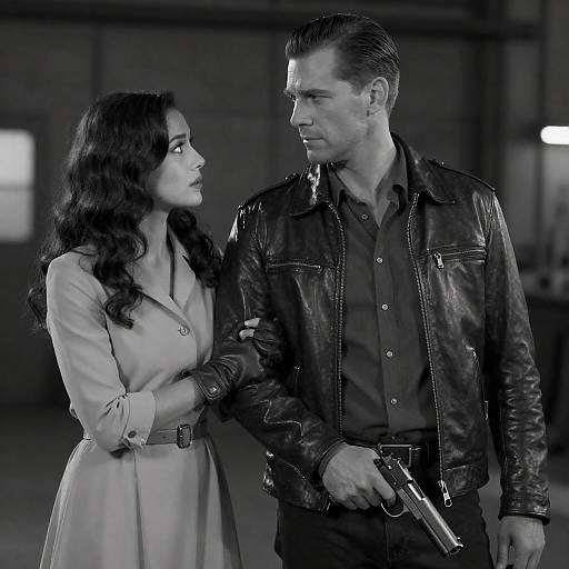 Black and White Retro Couple with Gun in Industrial Setting