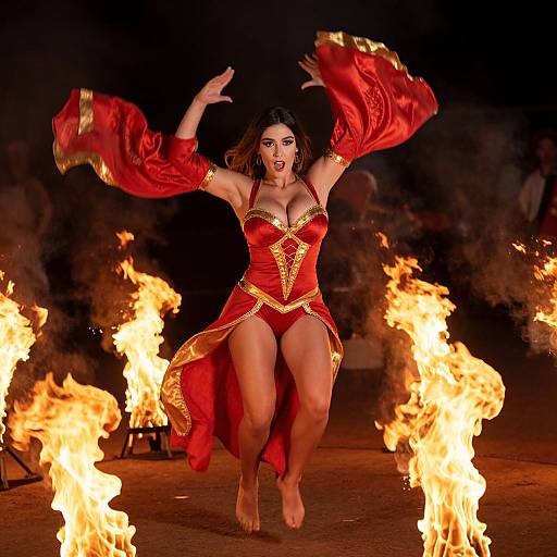 Photograph of a dark-haired woman in a red, gold-embellished, revealing dance costume, leaping barefoot amidst bright flames at night