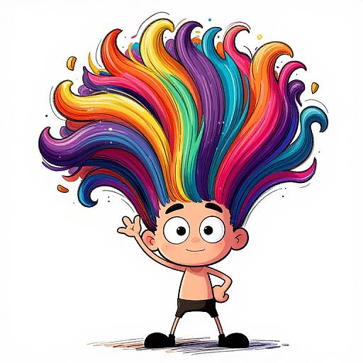 Cartoon boy with vibrant, multicolored mohawk, wide eyes, and black shorts, waving one hand, standing confidently on white background.