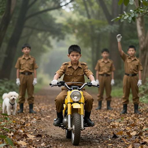 Boy on Yellow Motorcycle in Forest with Uniformed Boys