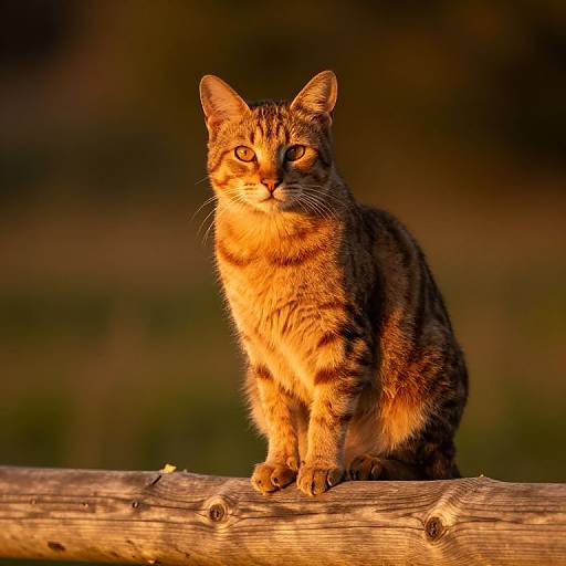 Photograph of a tabby cat with orange and black stripes, sitting on a wooden log, illuminated by warm sunset light.