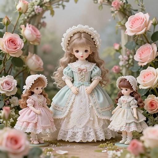 Photograph of three detailed, lifelike porcelain dolls in Victorian dresses, standing in a blooming rose archway, with soft pastel colors and