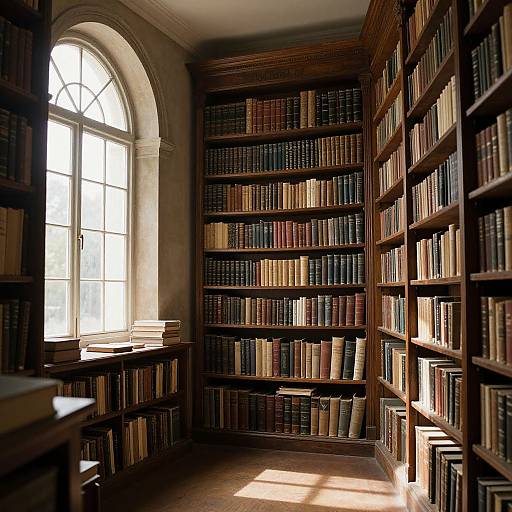 Photograph of a sunlit, wooden library with tall arched window, filled with rows of colorful, leather-bound books on dark shelves.
