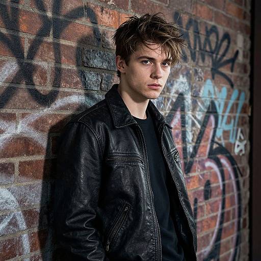 Photograph of a young white man with spiky brown hair, wearing a black leather jacket, standing against a graffiti-covered brick wall.