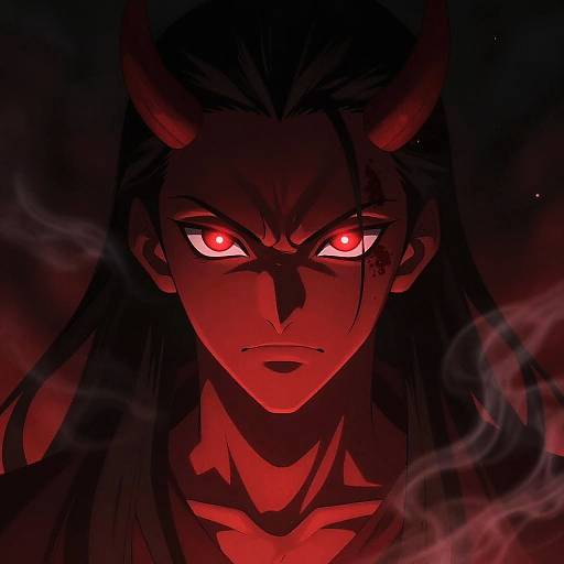 Digital anime-style drawing of a fierce demon with glowing red eyes, black hair, and horns, set against a dark, smoky red background. Int