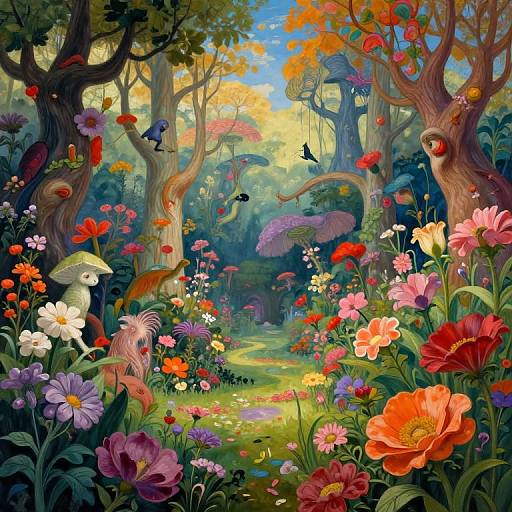 Whimsical digital illustration of a vibrant, colorful forest meadow with diverse flowers, fantastical creatures, and birds amidst towering trees.
