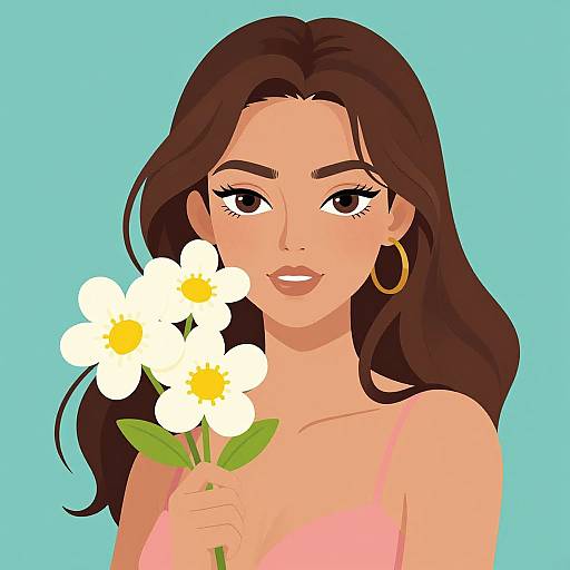 Digital illustration of a smiling woman with long brown hair, holding white daisies, wearing a pink dress and gold hoop earrings, against a light blue