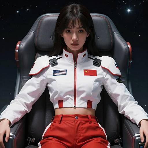 Digital artwork of an East Asian woman in a white and red space pilot uniform, seated in a black leather chair against a starry background.