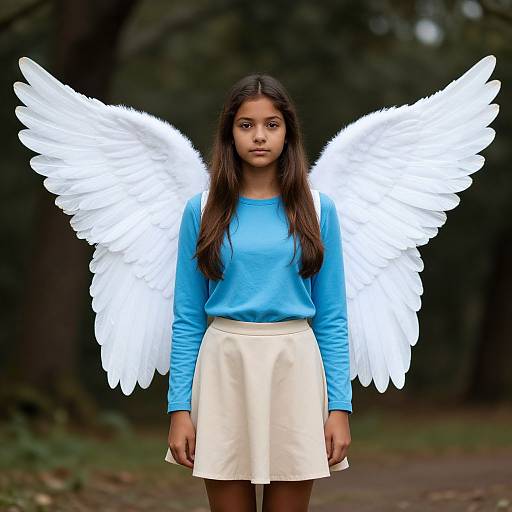 Photograph of a young South Asian girl with long black hair, wearing a blue long-sleeve shirt and white skirt, standing in a forest with