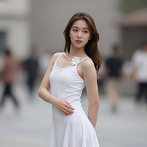 Photograph of an Asian woman with long dark hair, wearing a white sleeveless dress with floral embroidery, standing in a blurred urban background.
