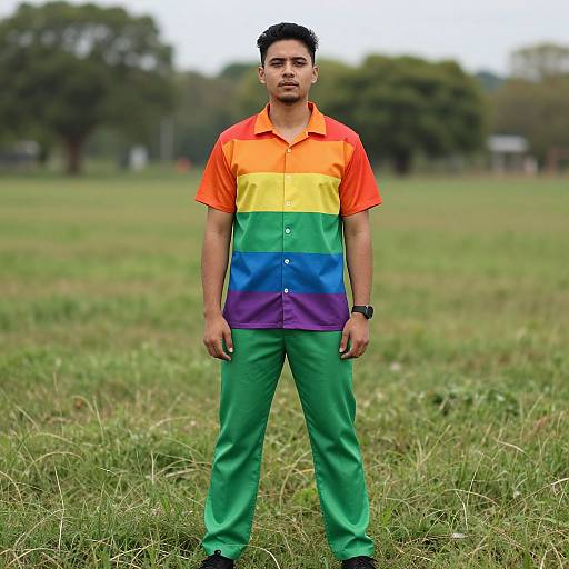 Photograph of a young man with short black hair, wearing a rainbow-striped shirt and green pants, standing in a grassy field. Background features blurred