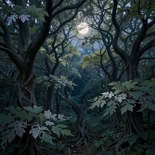 Photograph of a dense, moonlit forest with dark, twisted tree trunks and lush green leaves, illuminated by a bright, partially obscured moon in